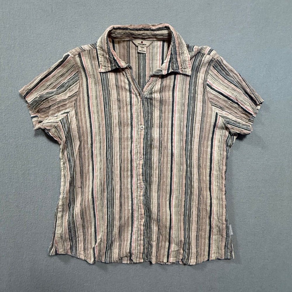 Woolrich Seer Sucker Multicolor Striped Short Sleeve Camp Shirt Women Large
